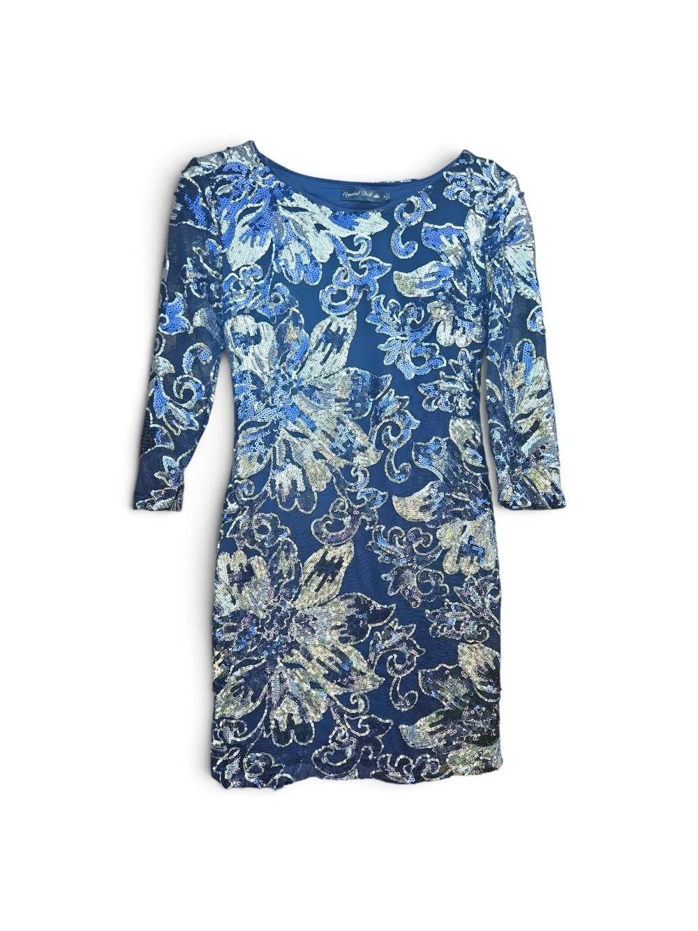 Crystal Doll Sequin Floral Bodycon Mini Dress Blue & Silver Size Medium